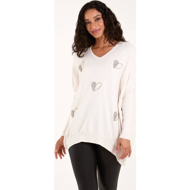 Blue Vanilla Women's Cream V-Neck Diamanté Heart Jumper New Look