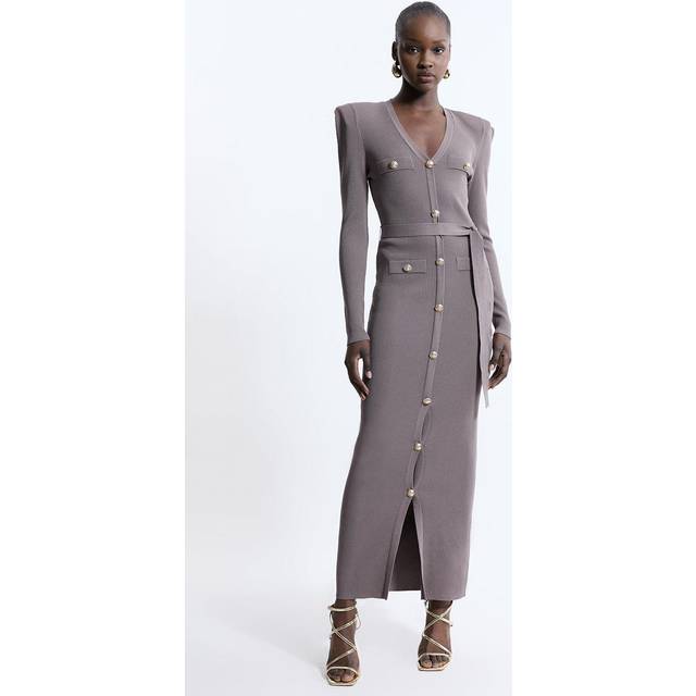 Viscose Blend Rib Military Detail Knit Maxi Dress - Taupe