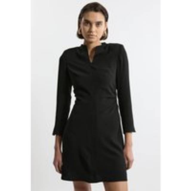 Soft Tailored Ruched Waist Long Sleeve Mini Dress - Black