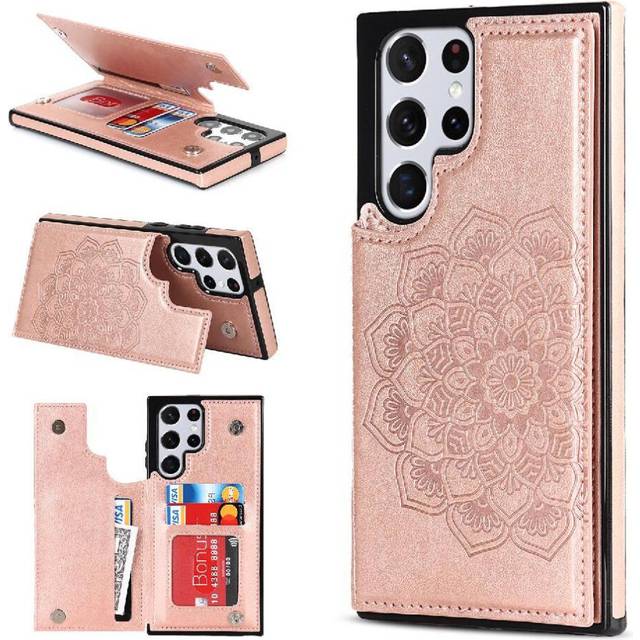 (Pink) Wallet with Card Holder Case for Samsung Galaxy S24 Ultra Pu Leather Pattern Flower Double Buttons Embossed Mandala Flip Shockproof