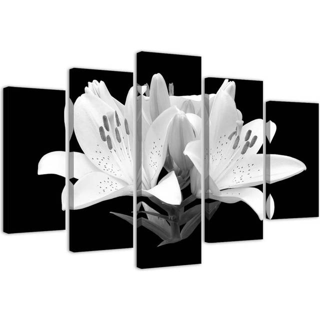 White Lilies Flowers - 5 Piece Print - Black;White (100cm H X 150cm W)