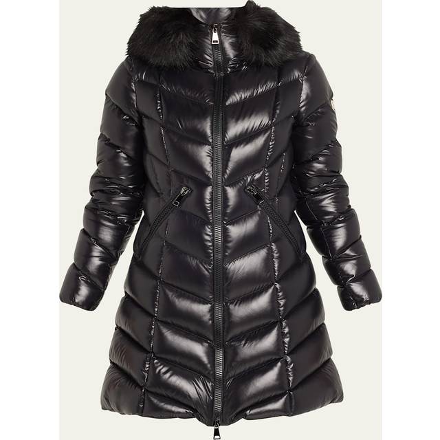 Fulmarus Chevron-Quilted Long Puffer Coat with Faux Fur Trim - BLACK - 1 (Small)