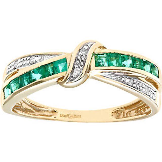 (Q) Jewelco London 9ct Yellow Gold Emerald And Diamond Bow Ring