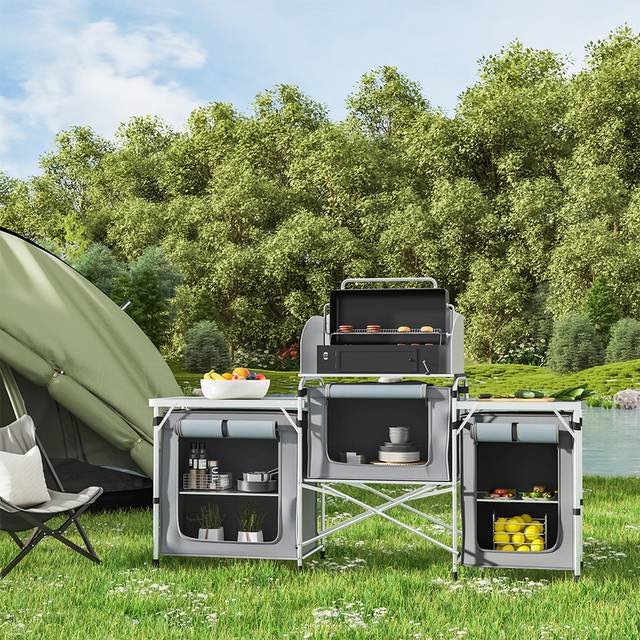 Folding Camping Table Kitchen Unit With Double-Sided Worktop - Grey