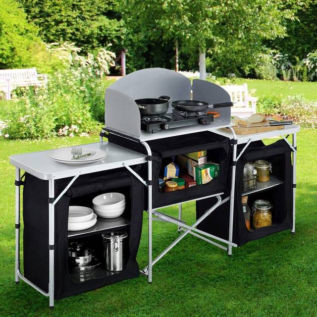 Folding Camping Table Kitchen Unit With Double-Sided Worktop - Black