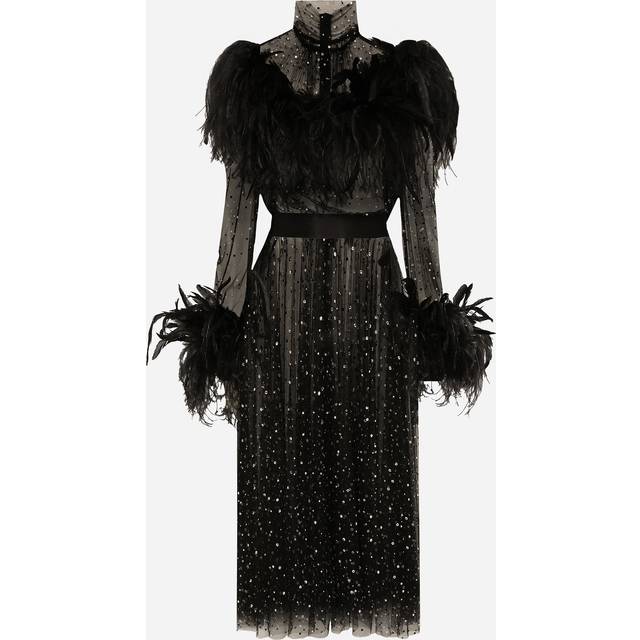 Dolce & Gabbana Calf-length Stretch Tulle Dress With Fusible Rhinestones And Rooster And Ostrich Feather Embellishment - Woman Dresses Silver 44
