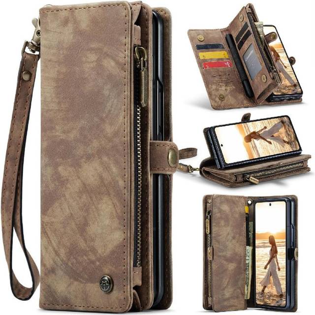 (Brown) Flip Case for Samsung Galaxy Z Fold 6 5g with Strong Magnetic Wallet Cover Trifold Tpu Pc Handmade Leather Zipper Detachable Card Holder