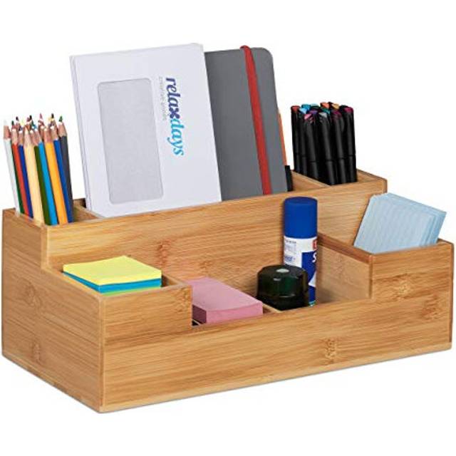 Relaxdays Desk Organiser, 7 Compartments, H x W x D: 11 x 30 x 15 cm, Bamboo, Natural