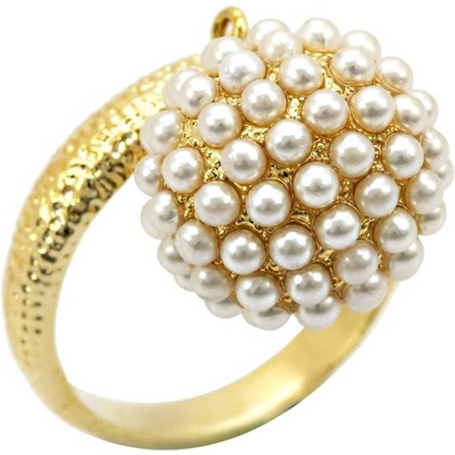 Gold Brass Ring with Synthetic Pearl, Citrine Yellow - Size 5