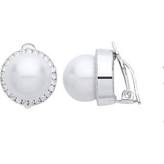 Jewelco London Ladies Sterling Silver Cubic Zirconia & Simulated Pearl Full Moon Halo Clip-on Earrings 12mm - GVE665