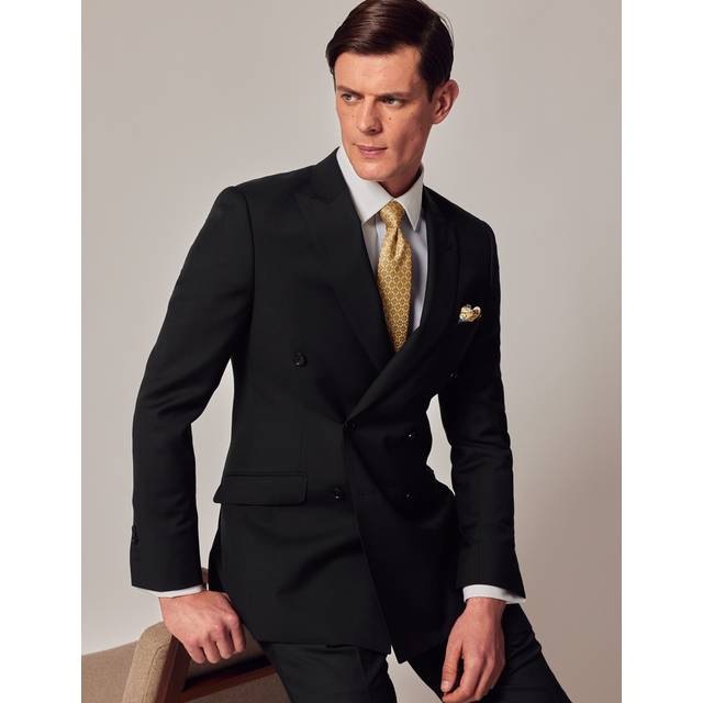 (Official) Hawes & Curtis Black Twill Wool Double Breasted Slim Fit Suit Jacket Size: 44 short (EU 54) Men's Plain