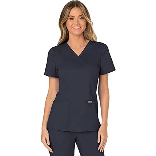 Cherokee Scrubs for Women Mock Wrap Top with 3 Pocket  Back Princess Seams WW610  XXS  Pewter