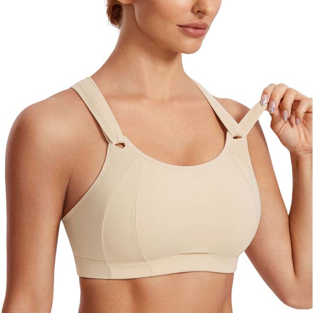 SYROKAN Women's Sports Bra Front Adjustable High Impact Support Padded Wireless Racerback Plus Size Running Bra Oil Beige 36B
