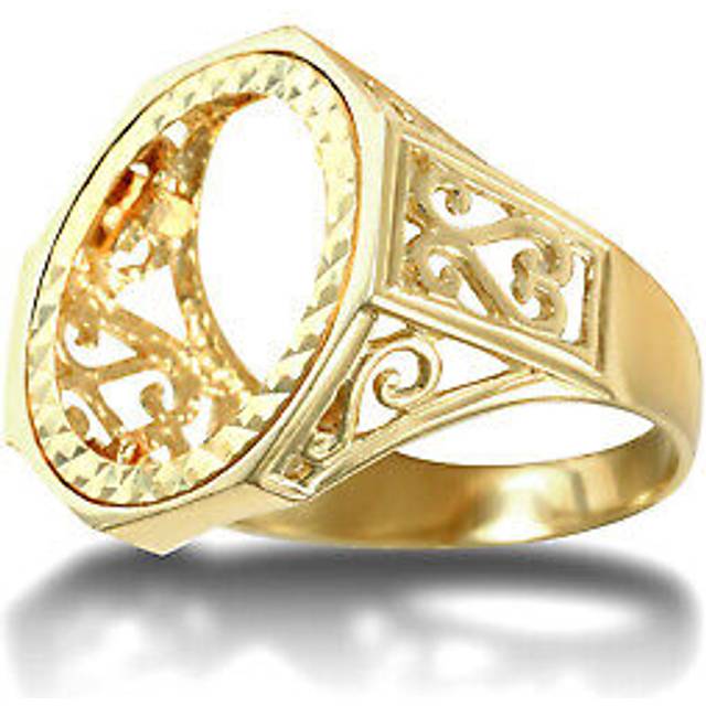 (L) Jewelco London Men's Solid 9ct Yellow Gold Octagon Scroll Half Sovereign Mount Ring - JRN179-H