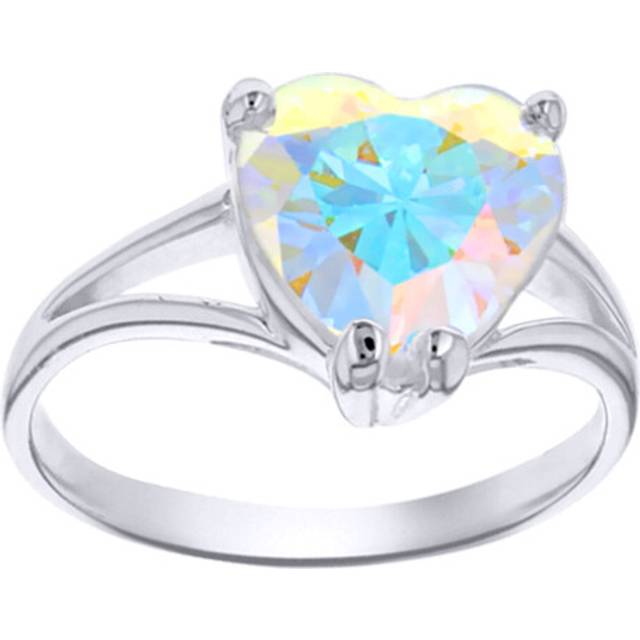 (O) Jewelco London Women's Sterling Silver Aurora Borealis Love Heart Cubic Zirconia Rainbow Love Heart Split Shoulder Solitaire Ring, 10mm - 8-84-601
