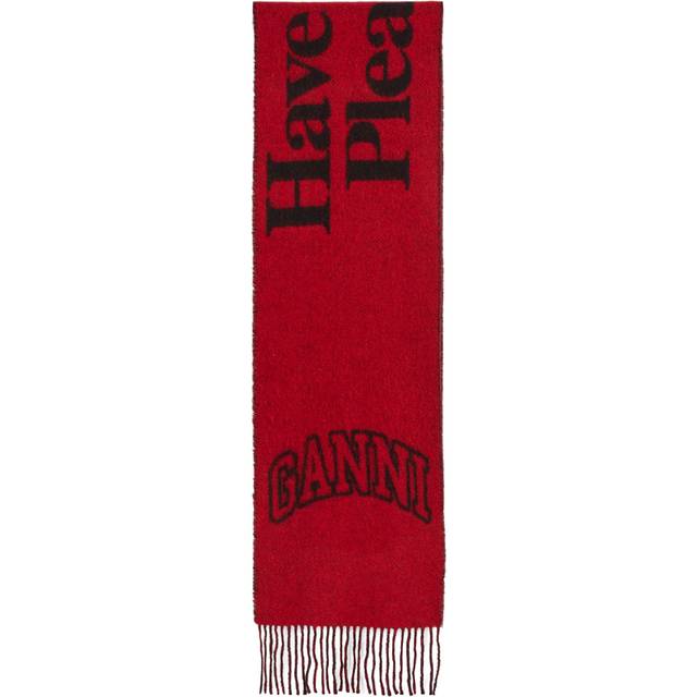GANNI Red Fringed Wool Scarf - 047 Winery - UNI