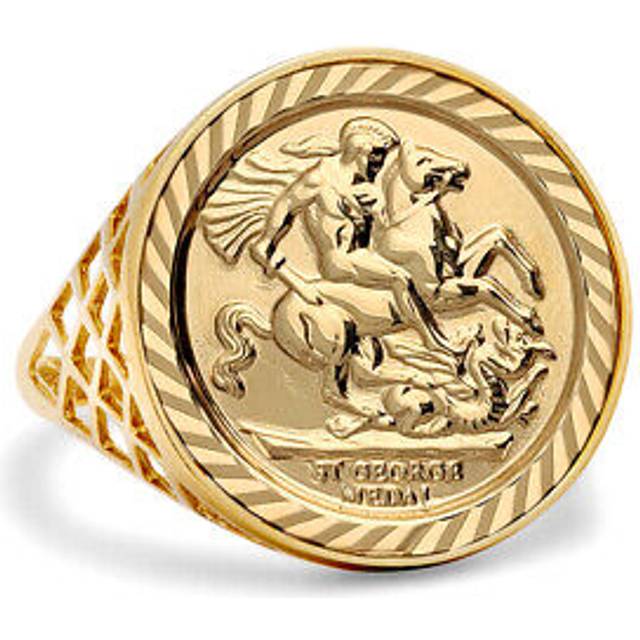 (S) Jewelco London Men&#39;s Solid 9ct Yellow Gold St George Dragon Slayer Basket Half-Sovereign-Size Ring