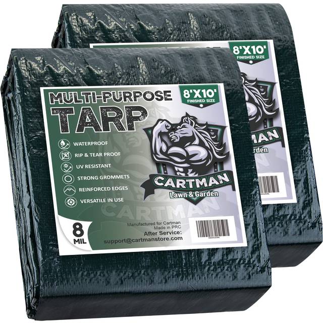 CARTMAN 2 Pack Finished Size 8x10 Feet Waterproof Green Tarp 8 Mil Thick  Multipurpose Protective Cover for Emergency Rain Shelter Camping Tarpaulin