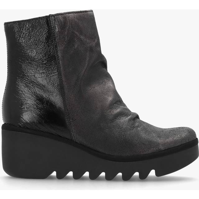FLY LONDON Baan Black &amp; Silver Leather Wedge Ankle Boots Size: 40, Colour: Silver Metalic
