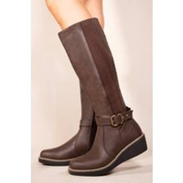 Where's That From Womens 'Ayleen' Wedge Heel Knee High Boots With Elastic Panel In Brown Faux Leather - Size UK 8
