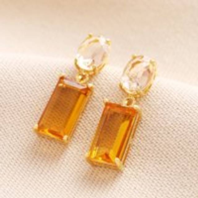 Amber Rectangle Crystal Drop Earrings in Gold - orange/gold/pink - one size