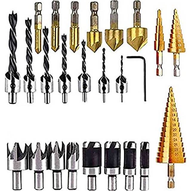 26Pcs Countersink Drill Bit Set, 8Pcs Wood Plug Cutter Drill Bits, 7Pcs Three Pointed Drill Bit, 6Pcs Countersink Drill Bit, 3Pcs Step Cone Drill Bit