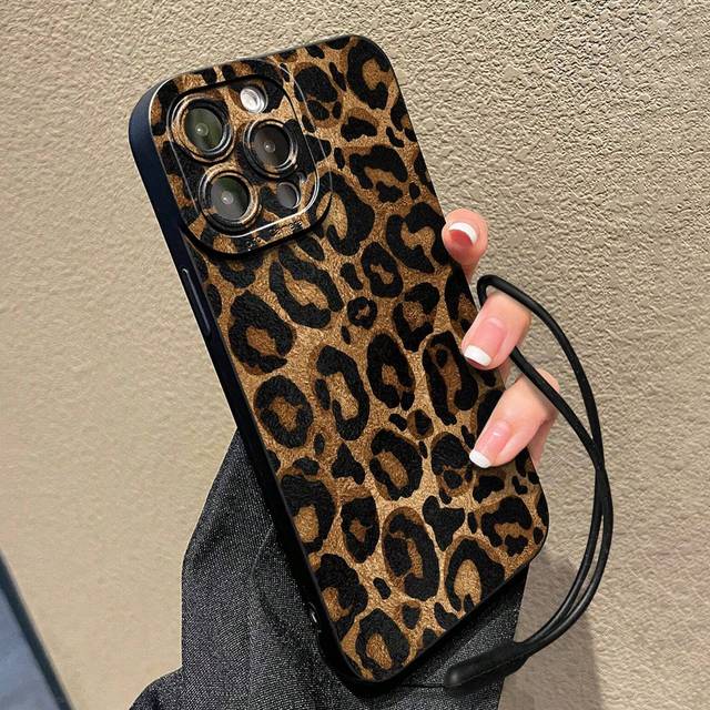 SHEIN Leopard Print Painted Straight Edge Minimalist Black Anti-Drop Thick Phone Protective Case, Compatible With Iphone 15 XR/7/8, IPhone 15 Pro Max/12 Pro