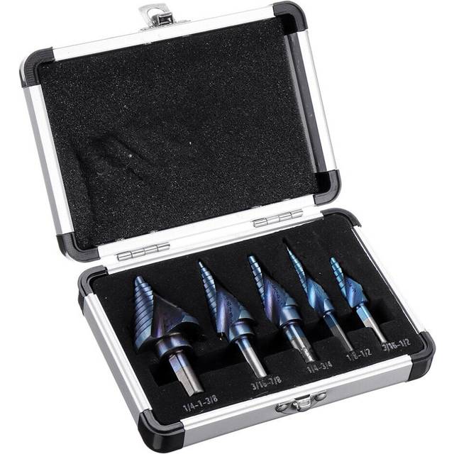 (Aluminum Box Packaging) 5pcs HSS Blue Nano Coating Step Drill Bit Set Spiral Flute Multiple Hole 1/8 to 1-3/8 Inch 50 Sizes with Aluminum Case or Opp