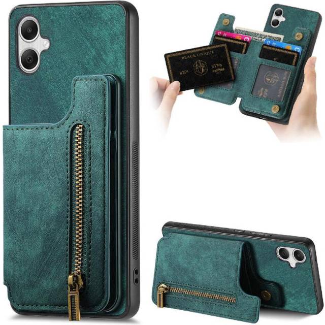 (Green) Case for Samsung Galaxy A05 Stand Function Foldable Back Cover Vintage Zipper Wallet