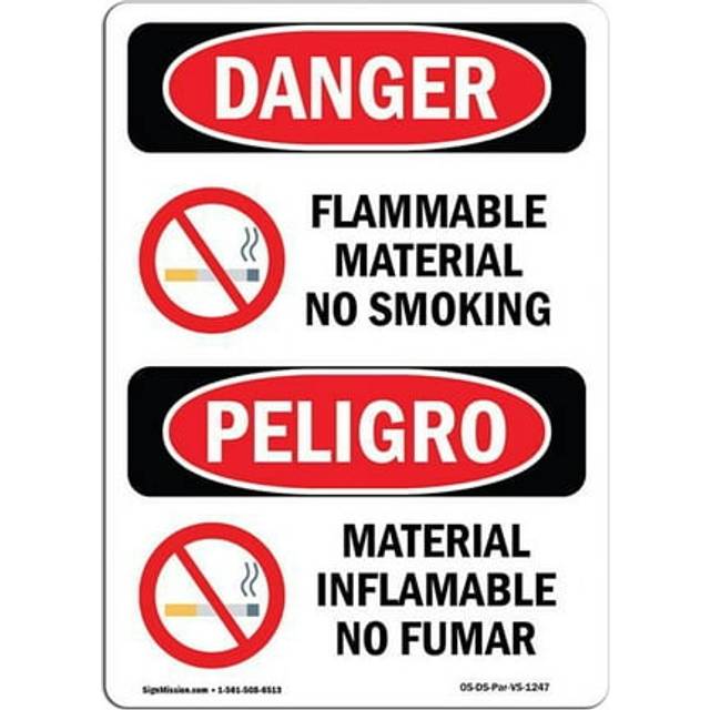 SignMission OS-DS-D-1014-VS-1247 Danger Flammable Material No Smoking Bilingual OSHA Decal Sign