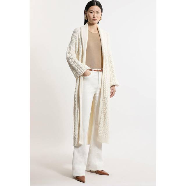 Petite All Over Cable Knit Shawl Collar Longline Belted Coatigan - Ivory
