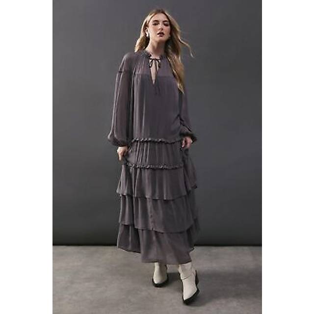 Womens Premium Chiffon Tie Neck Tier Smock Maxi Dress - Grey - 8