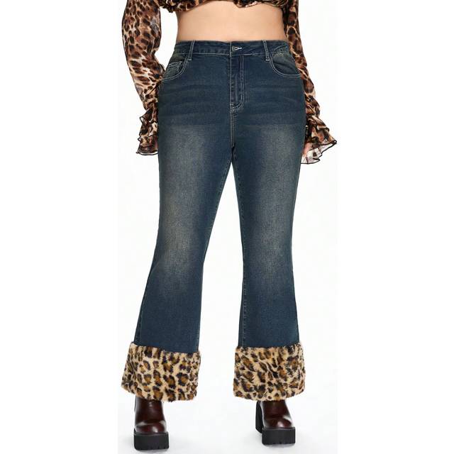 ROMWE Plus Size Women&#39;s Y2K Flare Jeans With Leopard Fluffy Patchwork