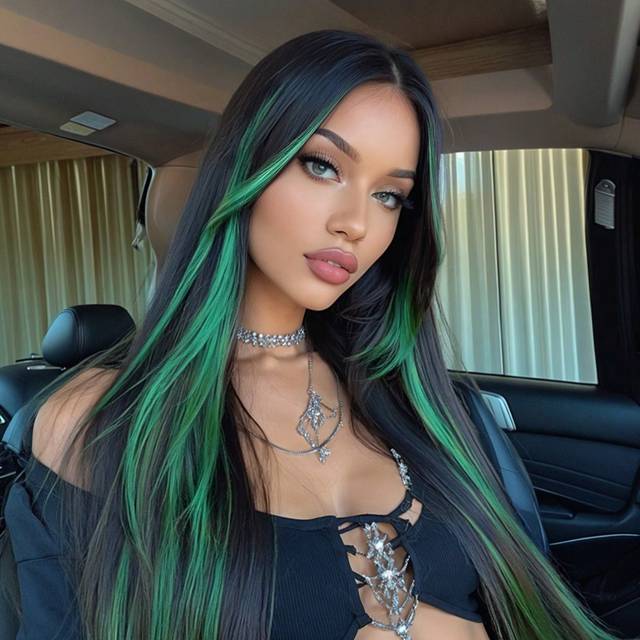 SHEIN Long Straight Wigs Green Highlight  Ombre Wig For Women Synthetic High Density Heat Resistant Black Multicolour Hair End Dye Wig For Daily Party Cospl