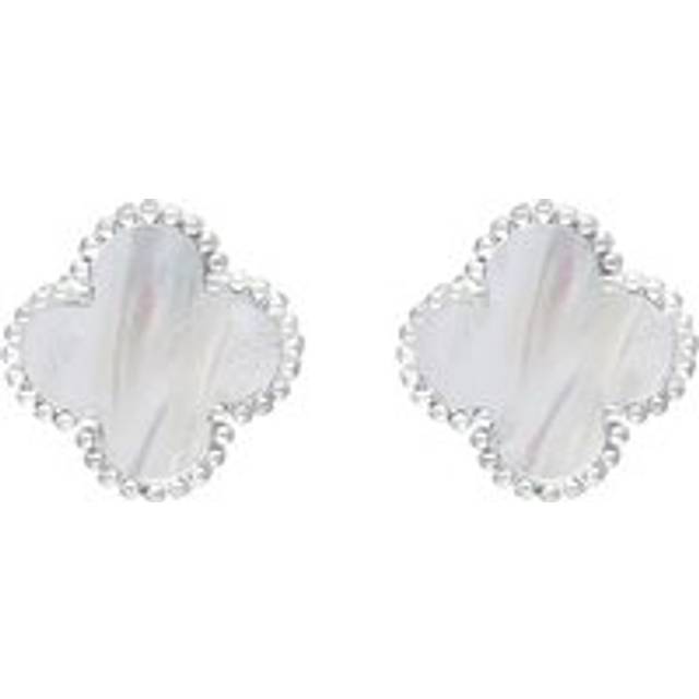 Sterling Silver White Mother of Pearl Bloom Four Leaf Clover Ball Edge Stud Earrings