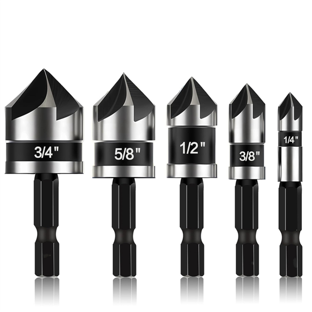 5 Pcs Countersink Drill Bit Set,with 1/4inch Quick Change Hex Shank, to 3/4inch Size for Metal, Wood & Plastic