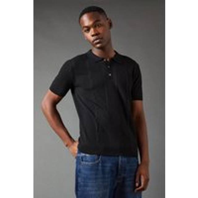 Mens Black Cable Knit Short Sleeve Knitted Polo