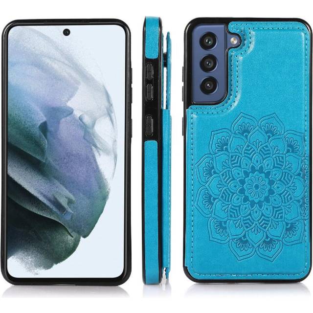 (Blue) Wallet with Card Holder Case for Samsung Galaxy S21 Fe Pattern Flower Double Buttons Pu Leather Flip Shockproof Embossed Mandala