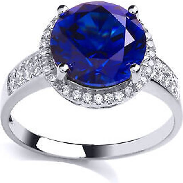 (M) Jewelco London Ladies Rhodium Plated Sterling Silver Blue Cubic Zirconia Halo Solitaire Engagement Ring