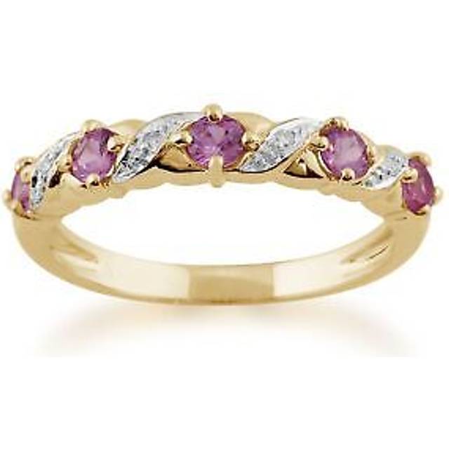 Classic Art Nouveau Round Pink Sapphire & Diamond Half Eternity Ring In 9ct Yellow Gold