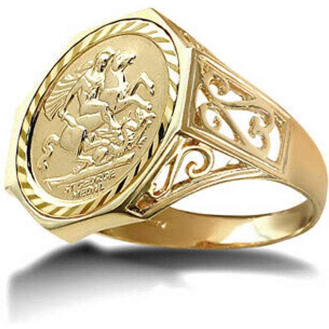 (Q) Jewelco London Men's Solid 9ct Yellow Gold St George Dragon Slayer Octagon Half-Sovereign-Size Ring - JRN167