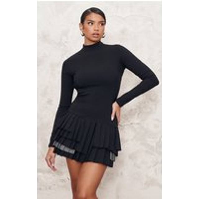 Black Stretch Woven Extreme Pleated Long Sleeve Shift Dress, Black - 8