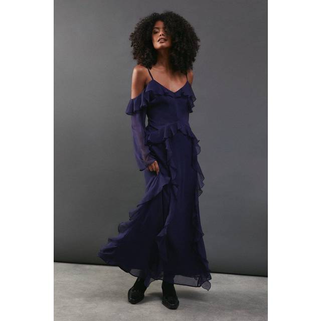 Warehouse Womens Chiffon Cold Shoulder Ruffle Detail Maxi Dress - Navy - Size 8 UK