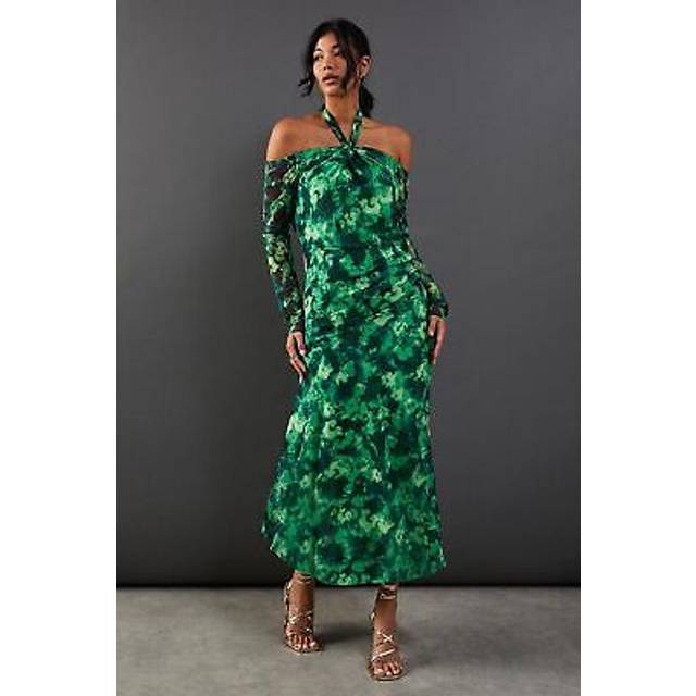 Warehouse Womens Abstract Print Twist Mesh Midi Dress - Green - Size 8 UK