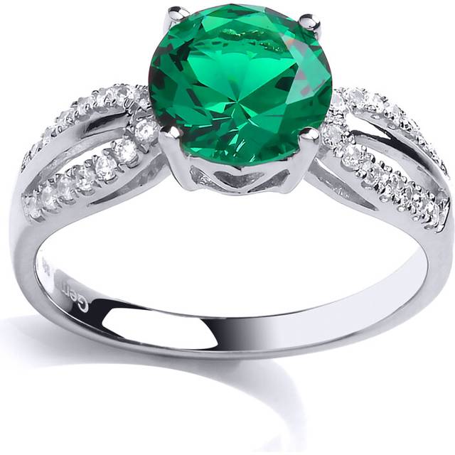(L) Jewelco London Ladies Rhodium Plated Sterling Silver Green Cubic Zirconia Shoulder Set Solitaire Engagement Ring