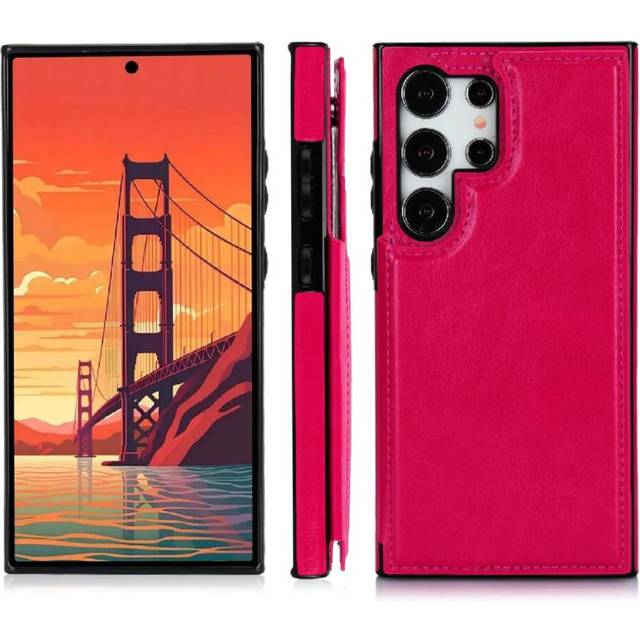 (rose red ) Wallet Case for Samsung Galaxy S24 Ultra with Card Holder Kickstand Double Magnetic Clasp Card Slots Pu Leather