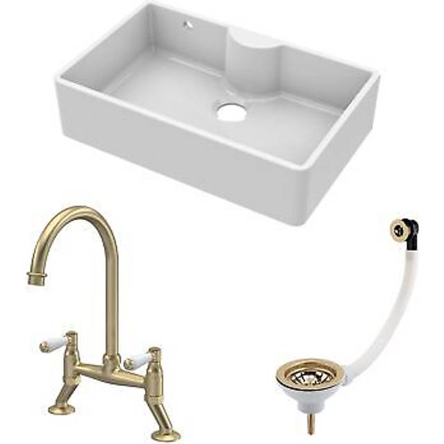 Fireclay Kitchen Bundle - Single Bowl Butler Sink with Overflow & Ledge, Waste & Lever Tap, 795mm - Brushed Brass - Balterley