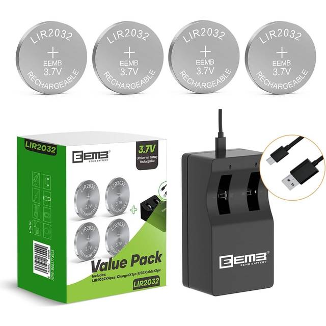 LIR2032 Rechargeable Battery Charger with 4PCS 3.7V Lithium-ion Coin Button Cell Batteries 45mAh for Car Remote Key Fob Watch