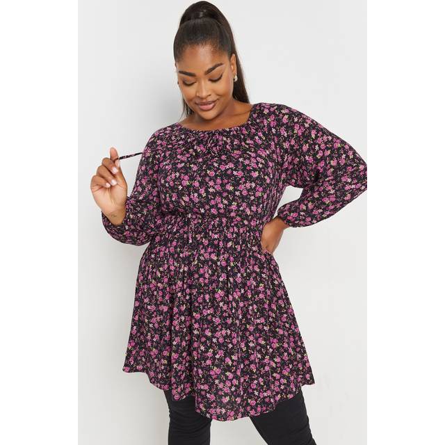 Yours Curve Pink Floral Crinkle Tie Neck Dress, Women's Curve & Plus Size, Yours - 16