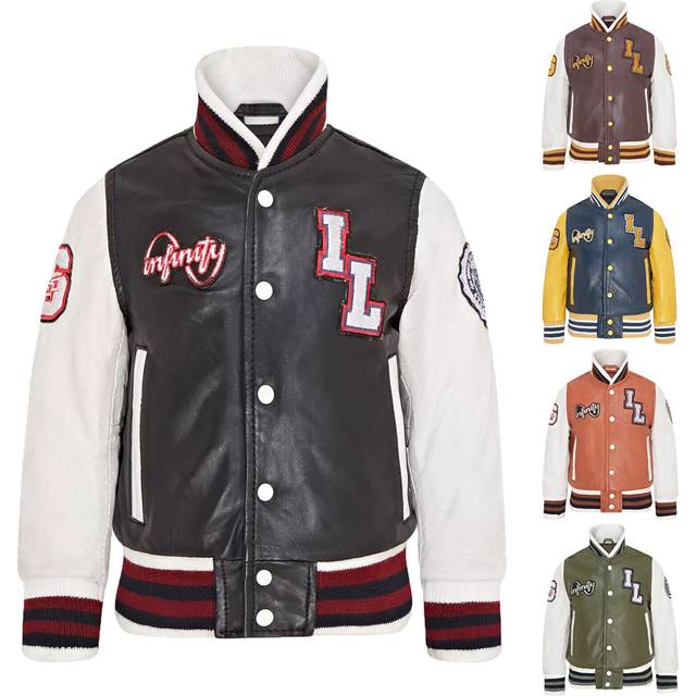 Infinity Leather Childrens Unisex Kids Letterman Varsity College Bomber Jacket - Black Lamb Leather - Size 10-11Y